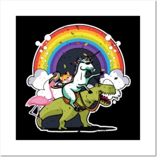 Unicorn Riding T Rex With A Cat, Flamingo, Rainbow Posters and Art